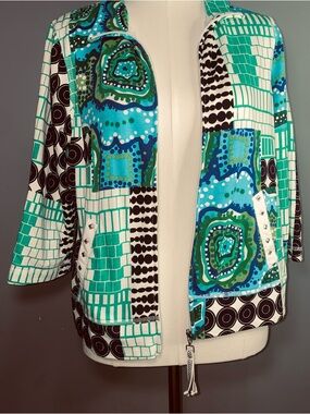 Onque Casuals Teal, Blue & Black Patterned Zip Jacket Size PM